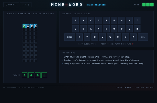 Chain Reaction mode — a word ladder climbing toward a target word