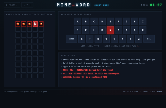 Short Fuse mode — the classic grid with a burning countdown timer